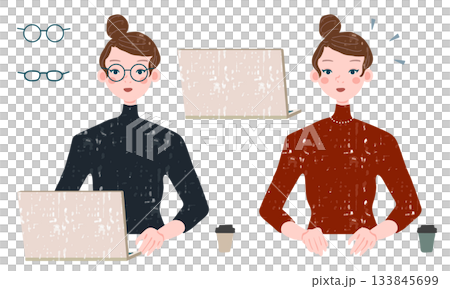 おしゃれなシニヨンヘアのパソコン操作する女性の素材セット 133845699