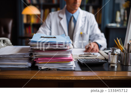 A doctor reviewing a medical history at a desk in his personal office with a stack of medical records on it 133845712