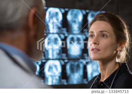 A female doctor holds a consultation with a colleague looking at brain X-ray images 133845713