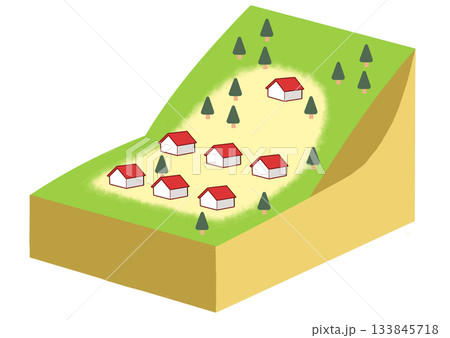 山の斜面にある住宅街のイラスト(防災・土砂災害説明用) 山の斜面にある住宅街のイラスト(防災・土砂災害説明用) 133845718