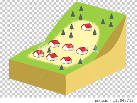 山の斜面にある住宅街のイラスト(防災・土砂災害説明用) 山の斜面にある住宅街のイラスト(防災・土砂災害説明用) 133845718