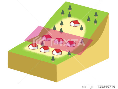 山の斜面にある住宅街のイラスト(防災・土砂災害説明用) 山の斜面にある住宅街のイラスト(防災・土砂災害説明用) 133845719