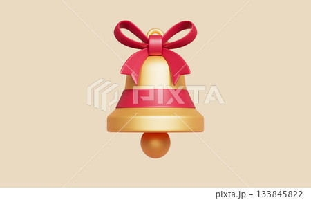 Golden Bell with Red Ribbon. 3D Rendering. 133845822
