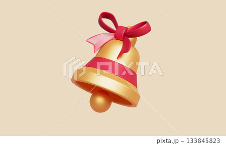 Golden Bell with Red Ribbon. 3D Rendering. 133845823