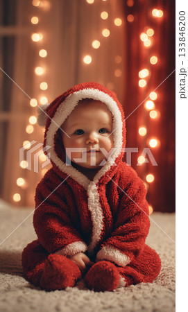 赤いフードをかぶった赤ちゃんの暖かいスタジオポートレート 133846200