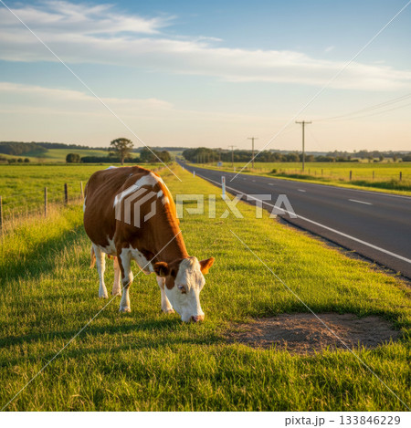 Cow Grazing Near the Road in Countryside 133846229