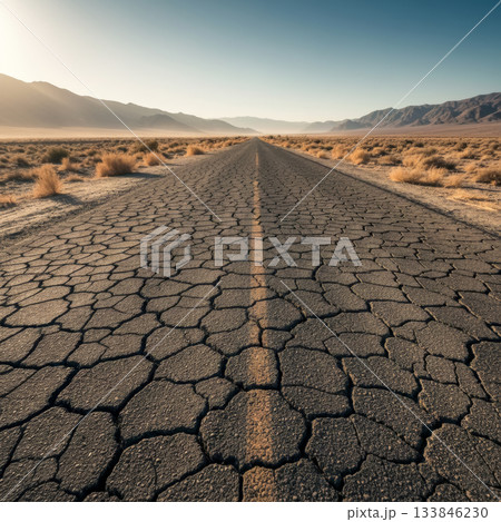 Cracked Asphalt in Dry Valley 133846230