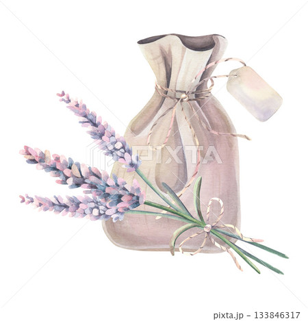 Linen bag with lavender bouquet, tied with a delicate string, empty label, watercolor isolated on white. Botanical illustration of medicinal herbs hand drawn for natural cosmetics, aromatherapy Linen bag with lavender bouquet, tied with a delicate string, empty label, watercolor isolated on white. Botanical illustration of medicinal herbs hand drawn for natural cosmetics, aromatherapy 133846317