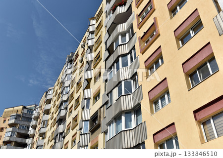 Typical facade of concrete panel building. Post Soviet flat of blocks Typical facade of concrete panel building. Post Soviet flat of blocks 133846510