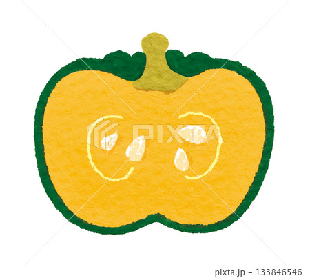 かぼちゃの断面を描いた手描き風イラスト（黄色と緑のカラフル野菜） 133846546