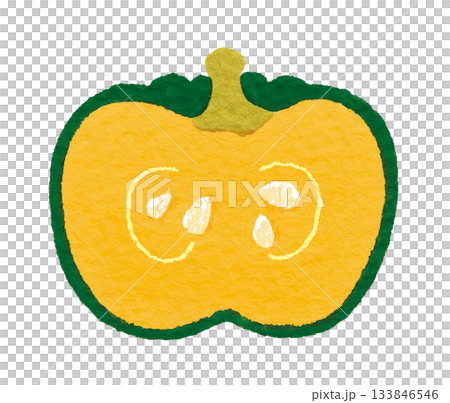 かぼちゃの断面を描いた手描き風イラスト（黄色と緑のカラフル野菜） 133846546