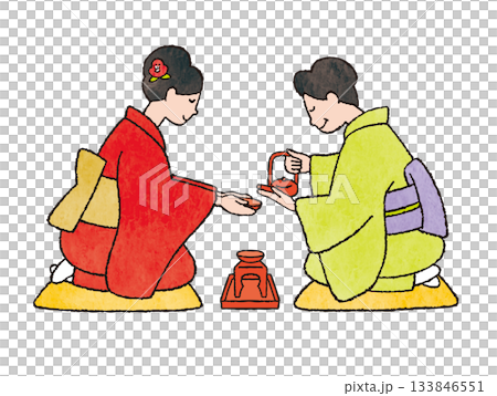 着物姿の女性がお屠蘇を注ぐ新年の伝統行事イラスト（正座・屠蘇器） 133846551