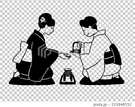 一幅描繪傳統新年場景的黑白插畫,畫中一位身著和服的女子正在斟酒(端坐於酒杯旁)。 一幅描繪傳統新年場景的黑白插畫,畫中一位身著和服的女子正在斟酒(端坐於酒杯旁)。 133846552