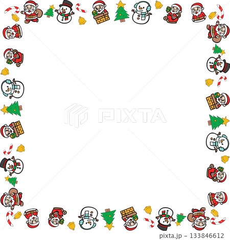 Boarder line Cute Christmas Santa and Snowman Cartoon Icon Set 133846612