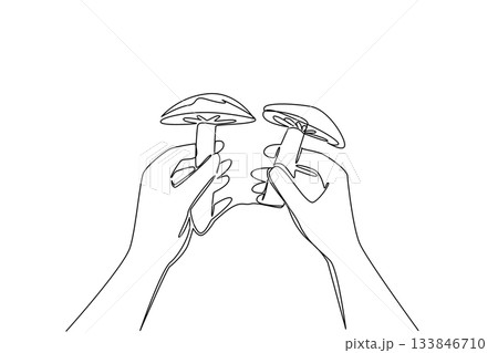 Single one line drawing two hands holding mushrooms. Comparing different harvests. Enjoy delicious mushroom dishes. Tasty. National Mushroom Hunting Day. Continuous line design graphic illustration 133846710