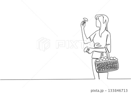 Continuous one line drawing a woman holds mushroom and rattan basket filled with mushrooms slung over hand. Deliciousness. National Mushroom Hunting Day. Single line draw design vector illustration 133846713