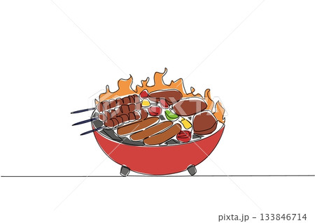 Single one line drawing barbecue grill with several pieces of meat, sausages, meat skewers, pieces of peppers. Feast for meat lovers. National Barbecue Day. Continuous line design graphic illustration Single one line drawing barbecue grill with several pieces of meat, sausages, meat skewers, pieces of peppers. Feast for meat lovers. National Barbecue Day. Continuous line design graphic illustration 133846714