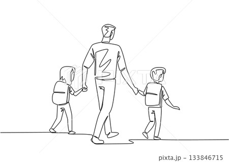 Continuous one line drawing rear view, a father holds son and daughter on his right and left. Walk leisurely to the school gate. Walk Safely To School Day. Single line draw design vector illustration Continuous one line drawing rear view, a father holds son and daughter on his right and left. Walk leisurely to the school gate. Walk Safely To School Day. Single line draw design vector illustration 133846715