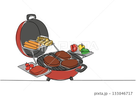 Single one line drawing barbecue grill and cover with some pieces of meat, sausage, tomatoes, peppers. Big barbecue party. Cookout. National Barbecue Day. Continuous line design graphic illustration Single one line drawing barbecue grill and cover with some pieces of meat, sausage, tomatoes, peppers. Big barbecue party. Cookout. National Barbecue Day. Continuous line design graphic illustration 133846717