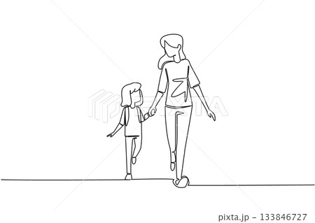 Single one line drawing girl carrying backpack walking hand in hand with mother. Walking leisurely. Telling stories and singing. Walk Safely To School Day. Continuous line design graphic illustration Single one line drawing girl carrying backpack walking hand in hand with mother. Walking leisurely. Telling stories and singing. Walk Safely To School Day. Continuous line design graphic illustration 133846727
