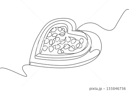 Continuous one line drawing heart shaped pizza on a heart shaped tray. Eating a pizza with full of romance. Failed diet. Exciting. National Pizza Party Day. Single line draw design vector illustration 133846736