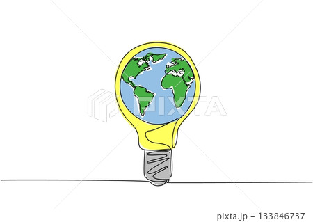Single one line drawing a light bulb with globe in the middle. Campaign to save earth by using energy as needed. Continuously. International Day of Light. Continuous line design graphic illustration 133846737