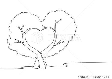 Single continuous line drawing 2 adjacent trees whose trunks curve to form a love shape. Naturally formed. Stems like dense leaves. Care. National Love a Tree Day. One line design vector illustration Single continuous line drawing 2 adjacent trees whose trunks curve to form a love shape. Naturally formed. Stems like dense leaves. Care. National Love a Tree Day. One line design vector illustration 133846744