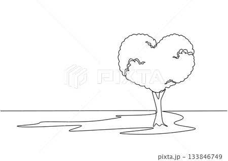 Single one line drawing big tree with love shape and wide expanse of grass. Shady plants. The power of God. Beautiful to look at. National Love a Tree Day. Continuous line design graphic illustration 133846749