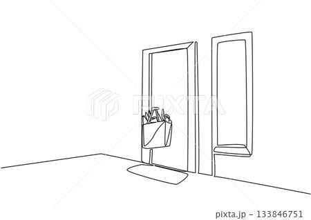 Single continuous line drawing grocery bag containing foods hanging on door handle. Quarantine to avoid viruses. National Do Something Good for Your Neighbor Day. One line design vector illustration 133846751