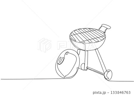 Single one line drawing barbecue grill with lid...のイラスト素材 [133846763 ...