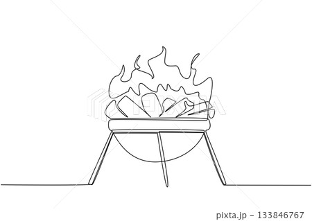 Continuous one line drawing barbecue grill with...のイラスト素材 [133846767 ...