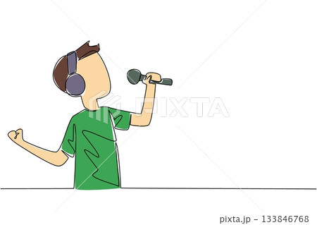 Single one line drawing a boy wearing headphones and posing singing and holding a mic. Memorize songs by listening and singing. International Day of Boys. Continuous line design graphic illustration 133846768