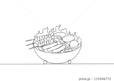 Single one line drawing barbecue grill with several pieces of meat, sausages, meat skewers, pieces of peppers. Feast for meat lovers. National Barbecue Day. Continuous line design graphic illustration 133846772