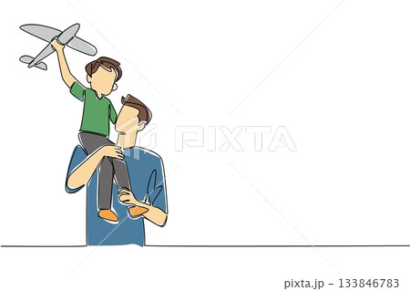 Single one line drawing father carrying his son on his shoulders and the child holding a toy airplane. Keeping ideals high. International Day of Boys. Continuous line design graphic illustration 133846783