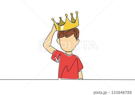 Single one line drawing a boy is putting a crown on his head. Confirmation of the successor to success. The prestigious throne. International Day of Boys. Continuous line design graphic illustration 133846789