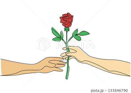 Continuous one line drawing hand giving a beautiful rose to the other hand. Love. Romance. Passion. Affection. Gratitude. Bring Flowers To Someone Day. Single line draw design vector illustration Continuous one line drawing hand giving a beautiful rose to the other hand. Love. Romance. Passion. Affection. Gratitude. Bring Flowers To Someone Day. Single line draw design vector illustration 133846790