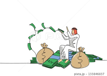 Single continuous line drawing an Arabian man sits on a pile of banknotes and throws banknotes. Smart work pays off. Maximum profit. Wealthy. Be a Millionaire Day. One line design vector illustration Single continuous line drawing an Arabian man sits on a pile of banknotes and throws banknotes. Smart work pays off. Maximum profit. Wealthy. Be a Millionaire Day. One line design vector illustration 133846837