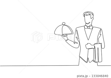 Single continuous line drawing male waitstaff with bow tie carrying metal tray and hanging napkin on hand. Deliver signature food to table. National Waitstaff Day. One line design vector illustration 133846840