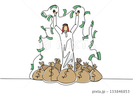 Continuous one line drawing Arab man standing on a pile of money bags while throwing banknotes. Smart investment. Become richer. Be a Millionaire Day. Single line draw design vector illustration Continuous one line drawing Arab man standing on a pile of money bags while throwing banknotes. Smart investment. Become richer. Be a Millionaire Day. Single line draw design vector illustration 133846853