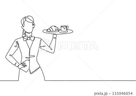 Continuous one line drawing a female waitstaff with apron holding a tray containing a mug and a croissant. A satisfying sweet taste. National Waitstaff Day. Single line draw design vector illustration 133846854