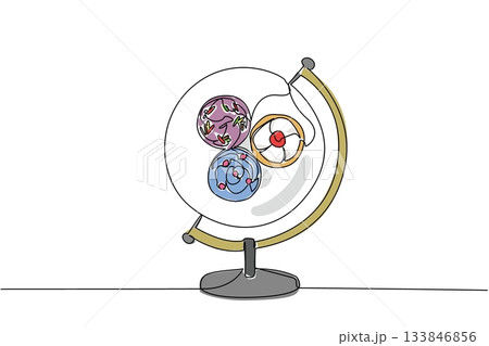Single continuous line drawing a globe with a round plate in the middle containing 3 cupcakes. A practical and delicious dessert. Sweet. Filling. World Baking Day. One line design vector illustration 133846856