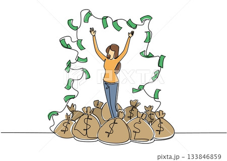 Single one line drawing woman standing on pile of money bags while throwing banknotes. Benefits beyond reason. Successful investment. Be a Millionaire Day. Continuous line design graphic illustration 133846859