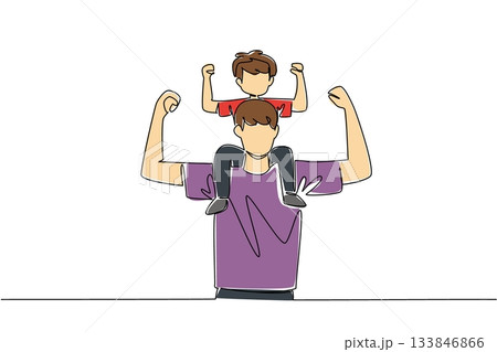 Single one line drawing a father carries his son on shoulders and poses like a bodybuilder. Working together to maintain health. International Day of Boys. Continuous line design graphic illustration 133846866