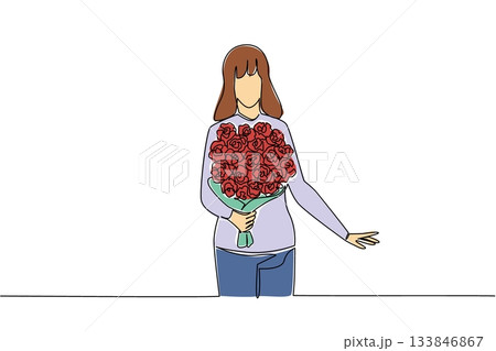 Single continuous line drawing woman holding a bouquet of flowers posing as if she wants to give the flowers. Romantic atmosphere. Bring Flowers To Someone Day. One line design vector illustration 133846867