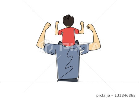 Single one line drawing rear view, a father carries son on shoulders and poses like a bodybuilder. Bonding in the afternoon. International Day of Boys. Continuous line design graphic illustration 133846868