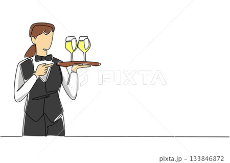 Single continuous line drawing waitress carrying tray and her hand gesture pointing to the glass of juice. Natural restaurant style freshness. National Waiters Day. One line design vector illustration 133846872
