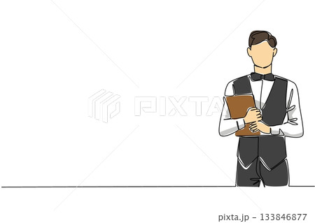 Single continuous line drawing a waiter crosses his arms in front of his chest while carrying a menu. Bringing menu list. Catalog. Servant. National Waiters Day. One line design vector illustration Single continuous line drawing a waiter crosses his arms in front of his chest while carrying a menu. Bringing menu list. Catalog. Servant. National Waiters Day. One line design vector illustration 133846877
