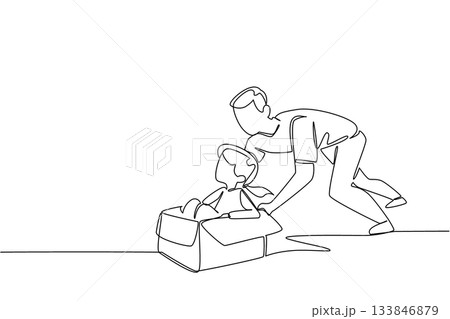 Single continuous line drawing girl is in a cardboard box and pushed by her father. Father is first love of his daughter. Affection. International Day of Boys. One line design vector illustration 133846879