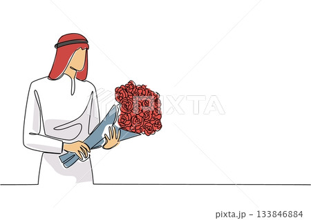 Single one line drawing young arabian man with turban carrying a bouquet of flowers. Expressing feelings without words. Love. Bring Flowers To Someone Day. Continuous line design graphic illustration Single one line drawing young arabian man with turban carrying a bouquet of flowers. Expressing feelings without words. Love. Bring Flowers To Someone Day. Continuous line design graphic illustration 133846884