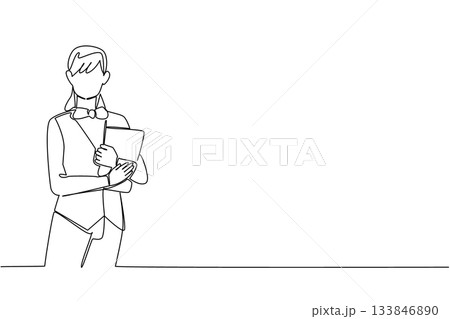 Single one line drawing a waitress crossed her arms in front of her chest while carrying a menu. Approaching customers. Service. National Waiters Day. Continuous line design graphic illustration Single one line drawing a waitress crossed her arms in front of her chest while carrying a menu. Approaching customers. Service. National Waiters Day. Continuous line design graphic illustration 133846890
